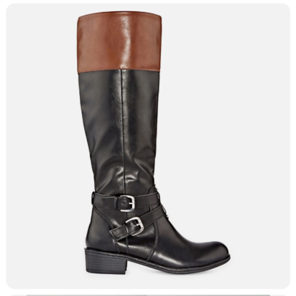 NWT Arizona Denver Memory Foam Black/ Brown Thigh Strapped Boots - Picture 3 of 5